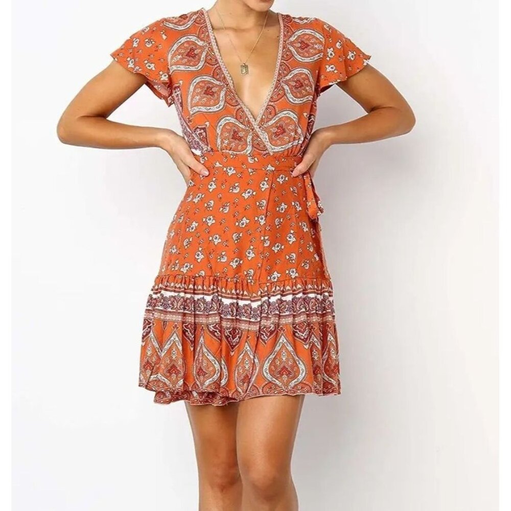 Zesica Womens Orange Floral Wrap Dress Size S